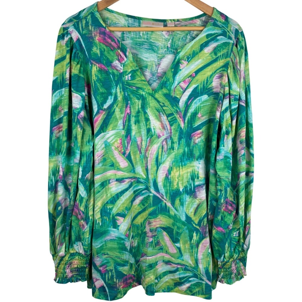 Belle by Kim Gravel 1X Tropical Palm Print Modal Cotton V-Neck Smocked Cuff Top - Picture 2 of 11